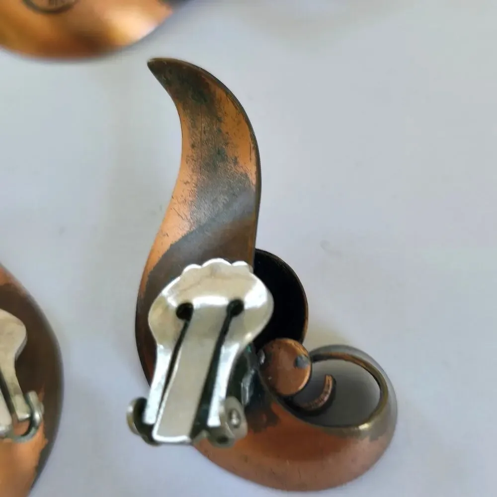 Vintage Bell Trading Post Brooch Earring Copper Swirl Modernist 1960s Western
